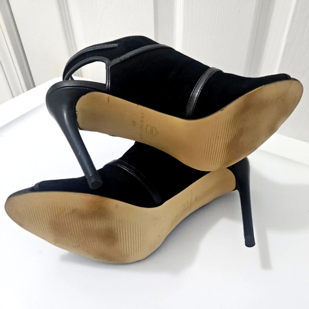 Ann Taylor Black Ankle Booties with Open Toe and Gold Accents - Picture 5 of 6